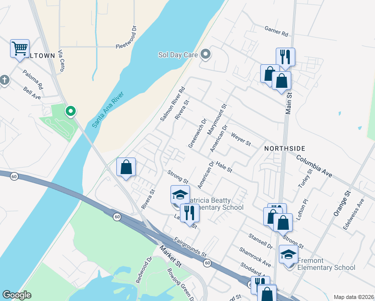 map of restaurants, bars, coffee shops, grocery stores, and more near 4396 Hale Street in Riverside