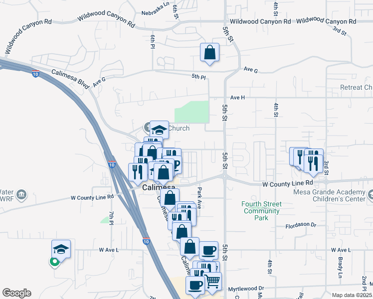 map of restaurants, bars, coffee shops, grocery stores, and more near 34126 Avenue J in Yucaipa