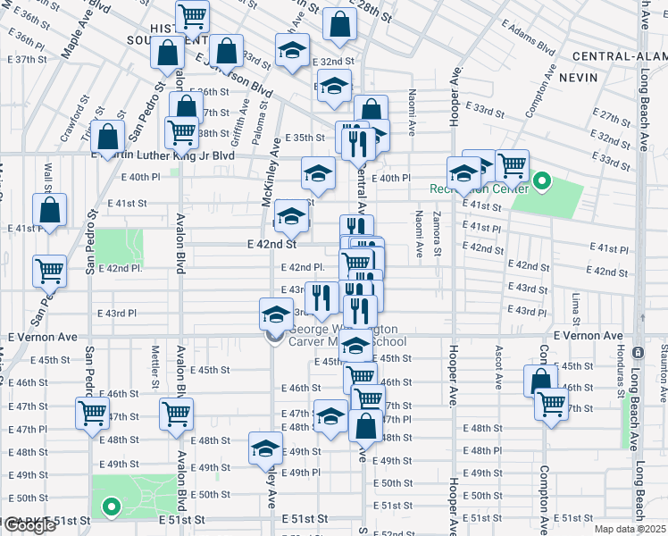 map of restaurants, bars, coffee shops, grocery stores, and more near 980 East 42nd Place in Los Angeles