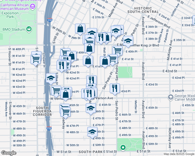 map of restaurants, bars, coffee shops, grocery stores, and more near 4228 South Main Street in Los Angeles