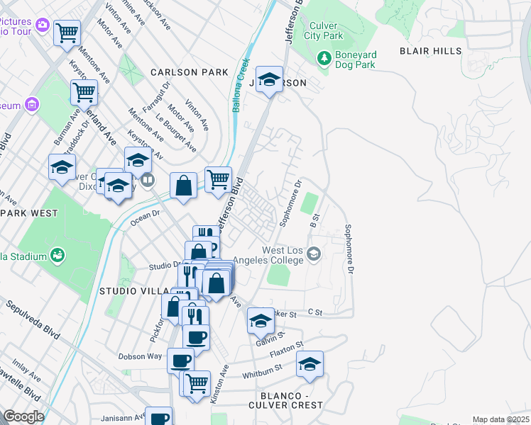 map of restaurants, bars, coffee shops, grocery stores, and more near 4909 Indianwood Road in Culver City