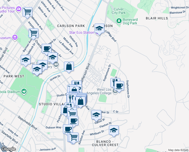 map of restaurants, bars, coffee shops, grocery stores, and more near 4909 Indianwood Road in Culver City