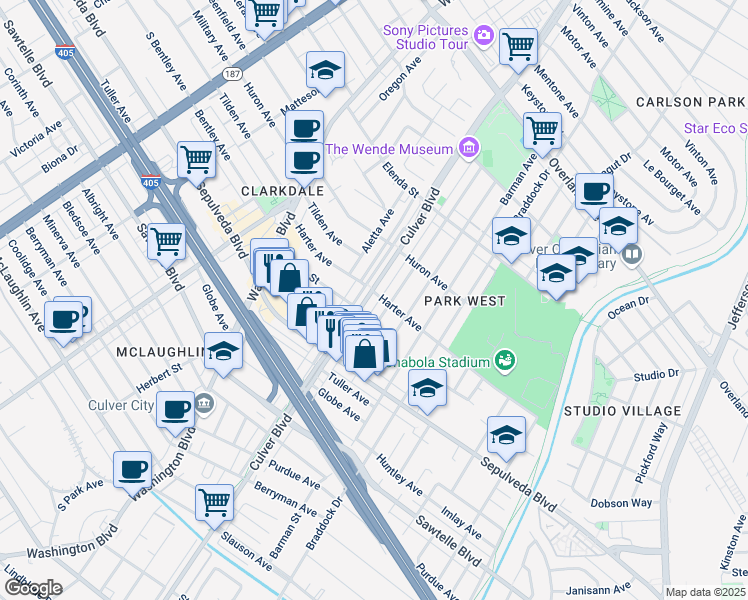 map of restaurants, bars, coffee shops, grocery stores, and more near 11031 Culver Boulevard in Culver City