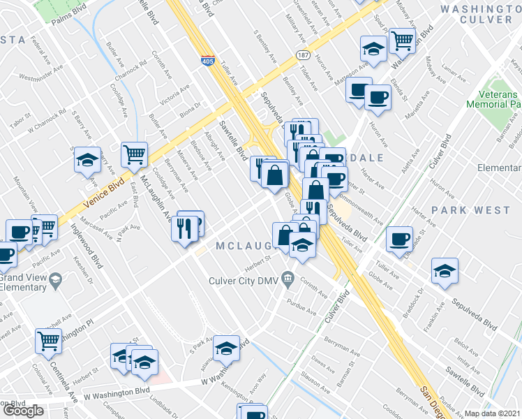 map of restaurants, bars, coffee shops, grocery stores, and more near 11358 Washington Place in Los Angeles