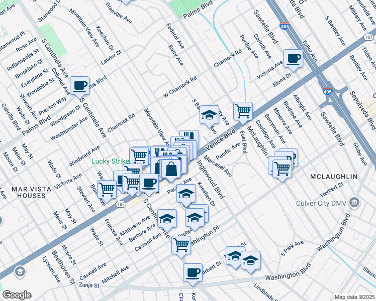map of restaurants, bars, coffee shops, grocery stores, and more near in Los Angeles