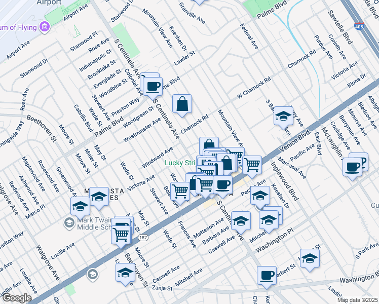 map of restaurants, bars, coffee shops, grocery stores, and more near 3658 South Centinela Avenue in Los Angeles