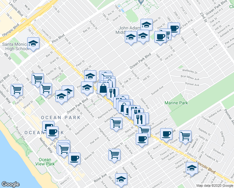 map of restaurants, bars, coffee shops, grocery stores, and more near 1018 Hill Street in Santa Monica