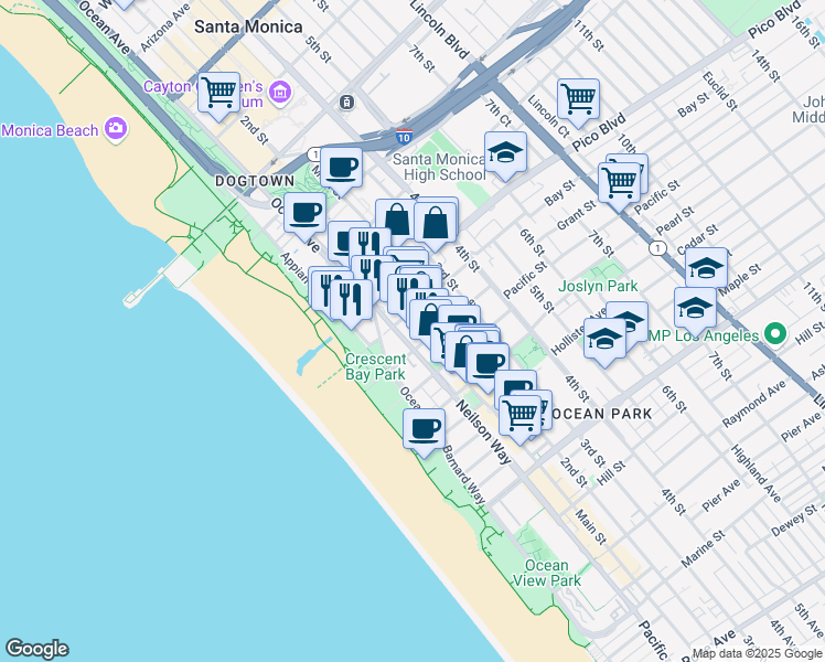 map of restaurants, bars, coffee shops, grocery stores, and more near 2001 Ocean Avenue in Santa Monica