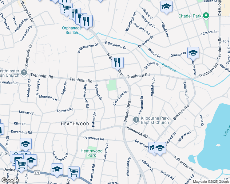 map of restaurants, bars, coffee shops, grocery stores, and more near 4001 Claremont Drive in Columbia