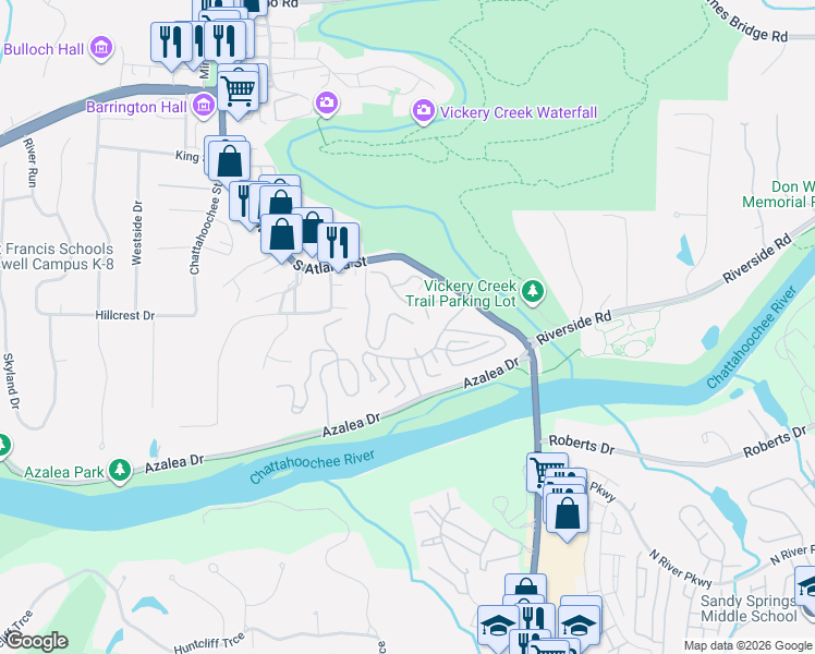 map of restaurants, bars, coffee shops, grocery stores, and more near 511 Warm Springs Circle in Roswell
