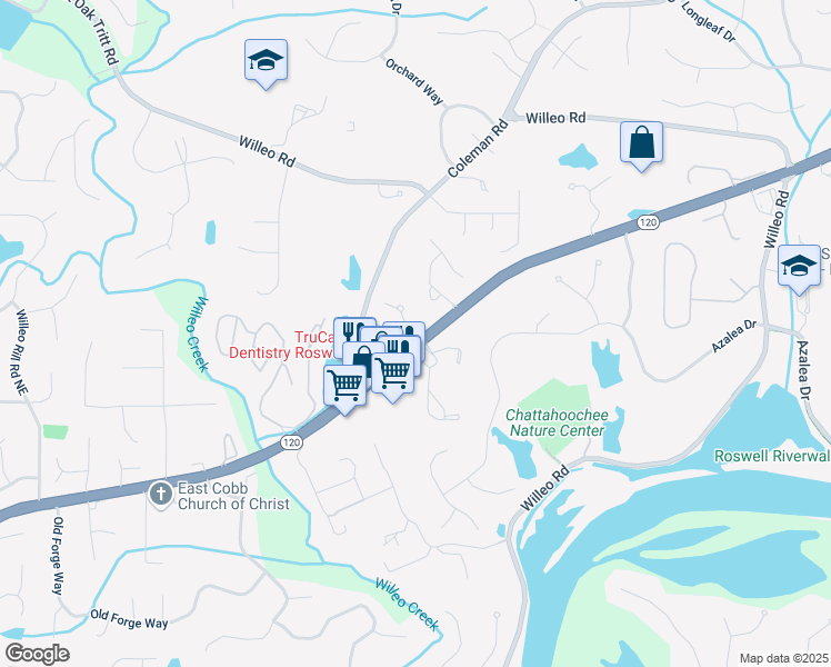 map of restaurants, bars, coffee shops, grocery stores, and more near 1005 Coleman Place Drive in Roswell