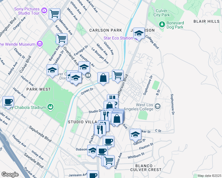 map of restaurants, bars, coffee shops, grocery stores, and more near 10600 Virginia Avenue in Culver City