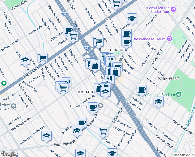 map of restaurants, bars, coffee shops, grocery stores, and more near 4030 Sawtelle Boulevard in Los Angeles