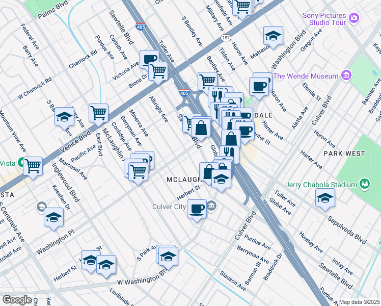 map of restaurants, bars, coffee shops, grocery stores, and more near 11324 Washington Place in Los Angeles
