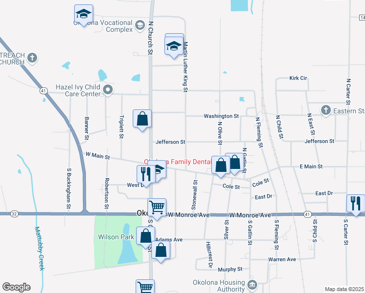 map of restaurants, bars, coffee shops, grocery stores, and more near 401 Jefferson Street in Okolona