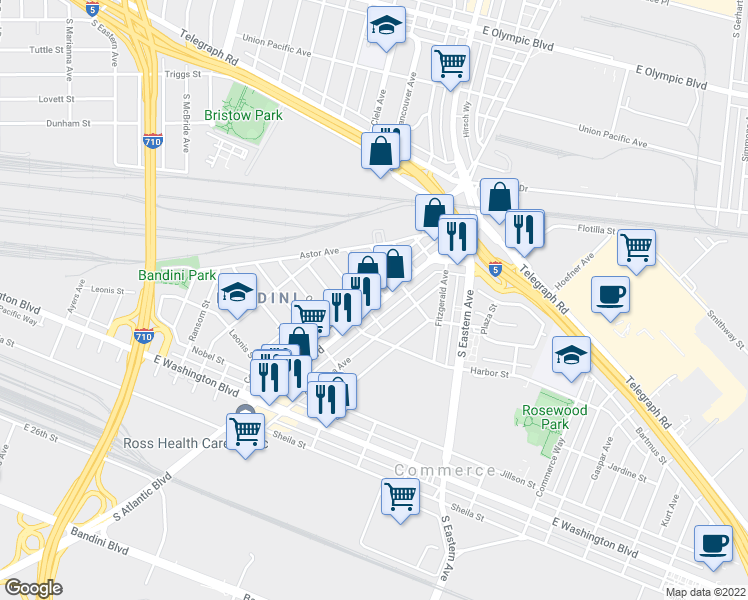 map of restaurants, bars, coffee shops, grocery stores, and more near 2181 South Atlantic Boulevard in Commerce