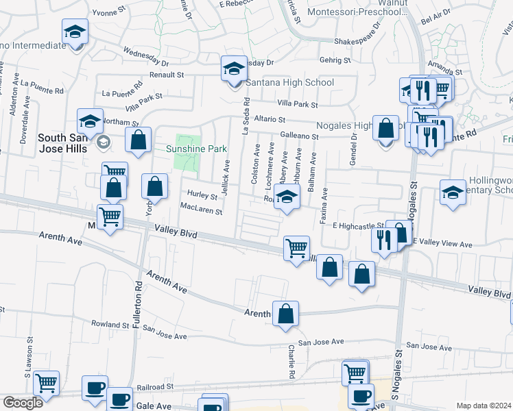 map of restaurants, bars, coffee shops, grocery stores, and more near 18631 Pacato Road in La Puente