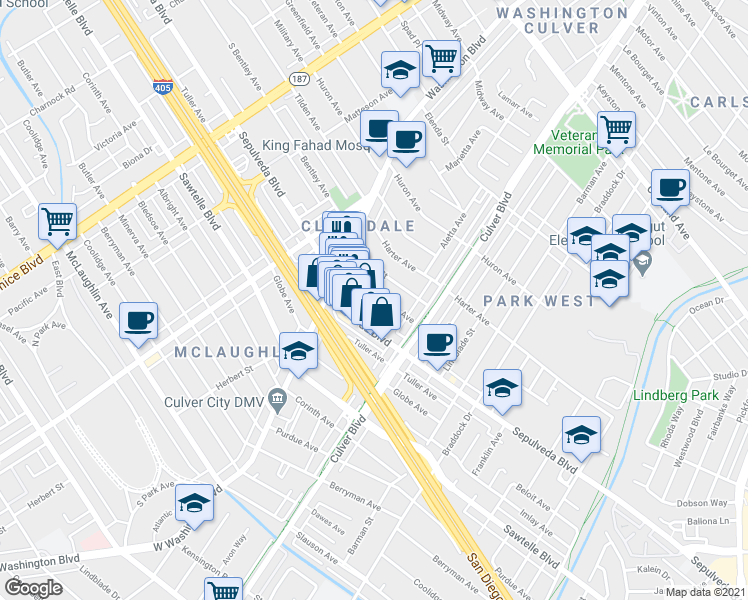 map of restaurants, bars, coffee shops, grocery stores, and more near 4157 Commonwealth Avenue in Culver City