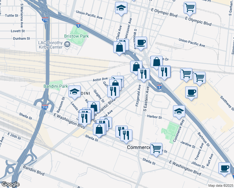 map of restaurants, bars, coffee shops, grocery stores, and more near 2180 South Atlantic Boulevard in Commerce
