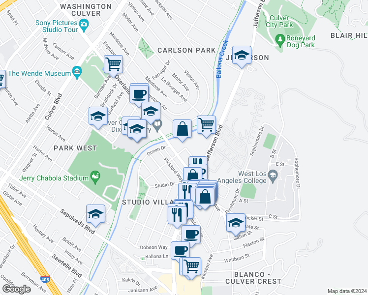 map of restaurants, bars, coffee shops, grocery stores, and more near 10601 Virginia Avenue in Culver City