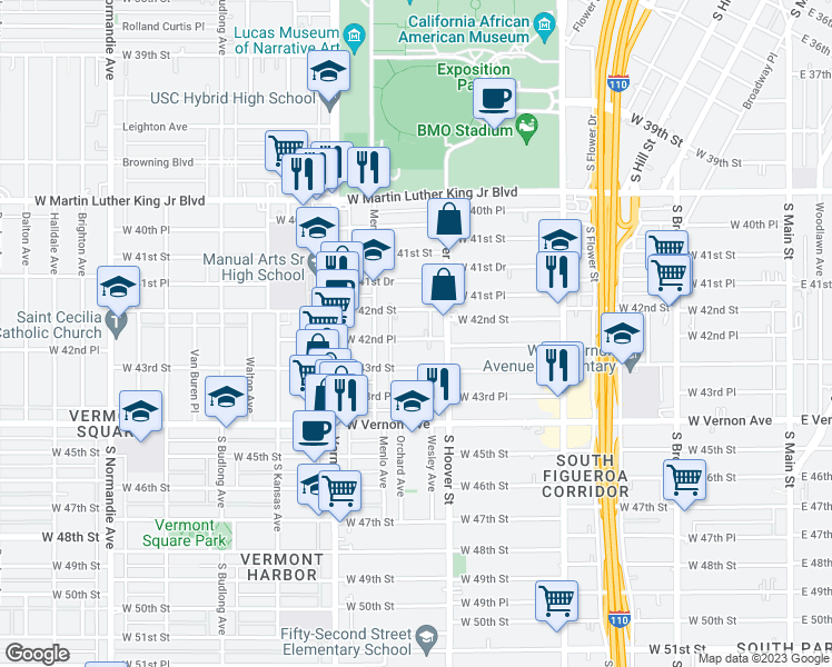 map of restaurants, bars, coffee shops, grocery stores, and more near 833 West 42nd Place in Los Angeles