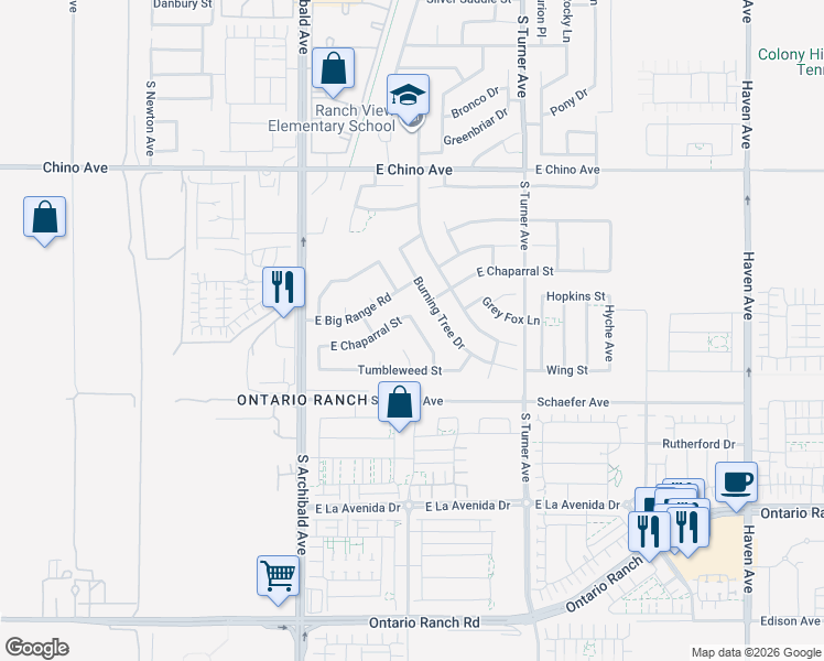 map of restaurants, bars, coffee shops, grocery stores, and more near 2836 East Chaparral Street in Ontario