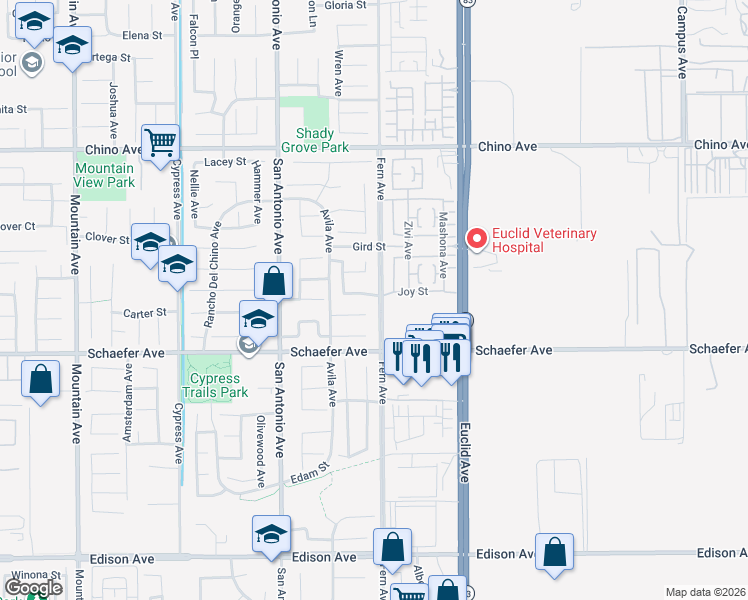 map of restaurants, bars, coffee shops, grocery stores, and more near 6911 Joy Street in Chino