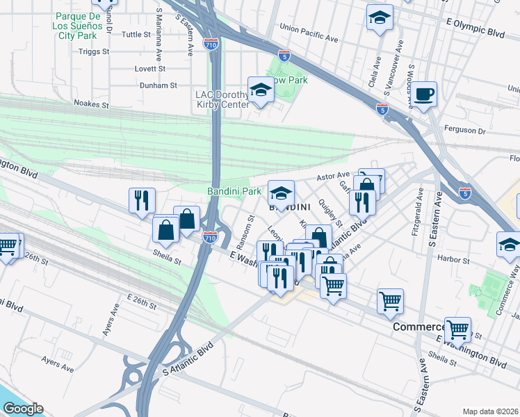 map of restaurants, bars, coffee shops, grocery stores, and more near 4901 Leonis Street in Commerce