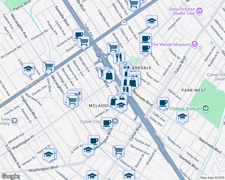 map of restaurants, bars, coffee shops, grocery stores, and more near 4030 Sawtelle Boulevard in Los Angeles