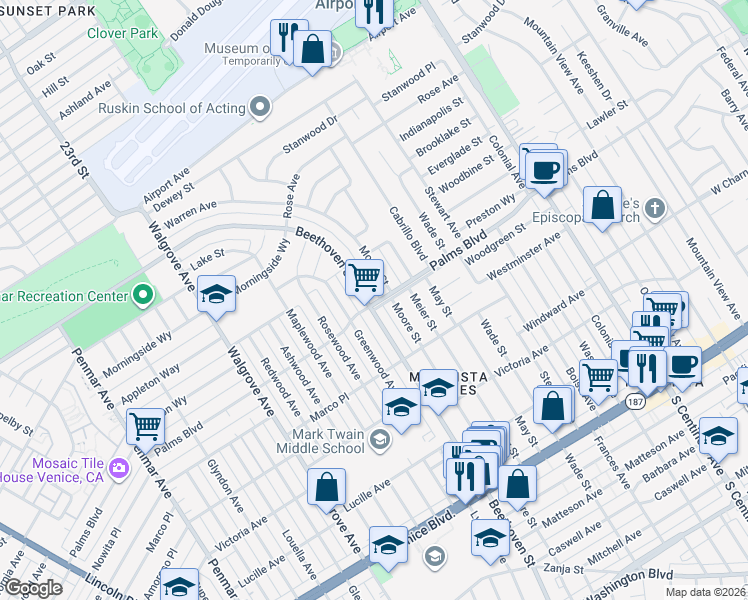 map of restaurants, bars, coffee shops, grocery stores, and more near 3486 Beethoven Street in Los Angeles
