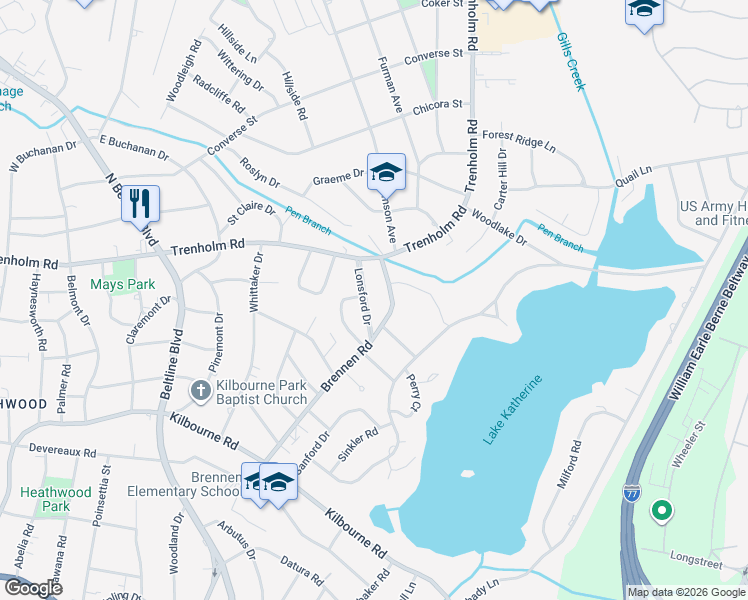 map of restaurants, bars, coffee shops, grocery stores, and more near 1529 Brennen Road in Columbia