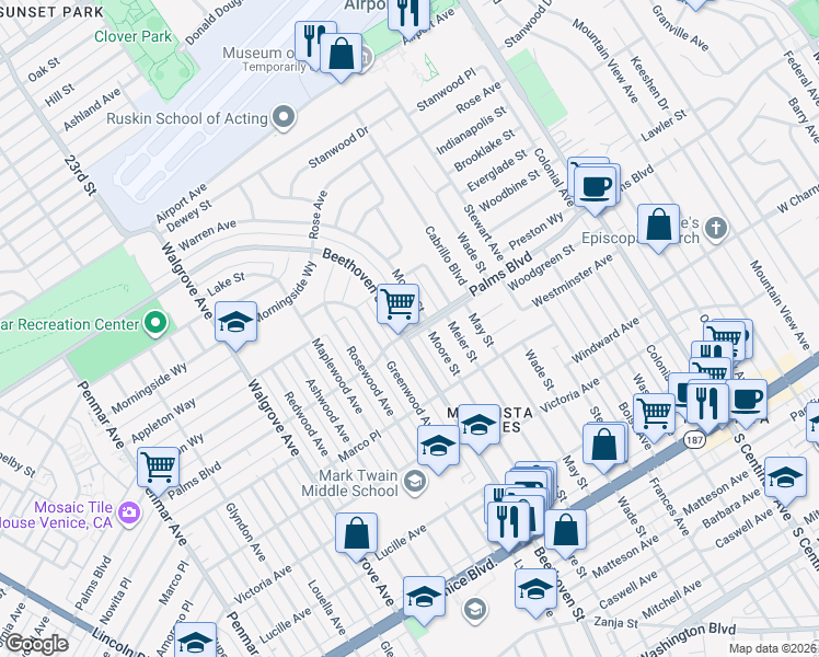 map of restaurants, bars, coffee shops, grocery stores, and more near 3486 Beethoven Street in Los Angeles
