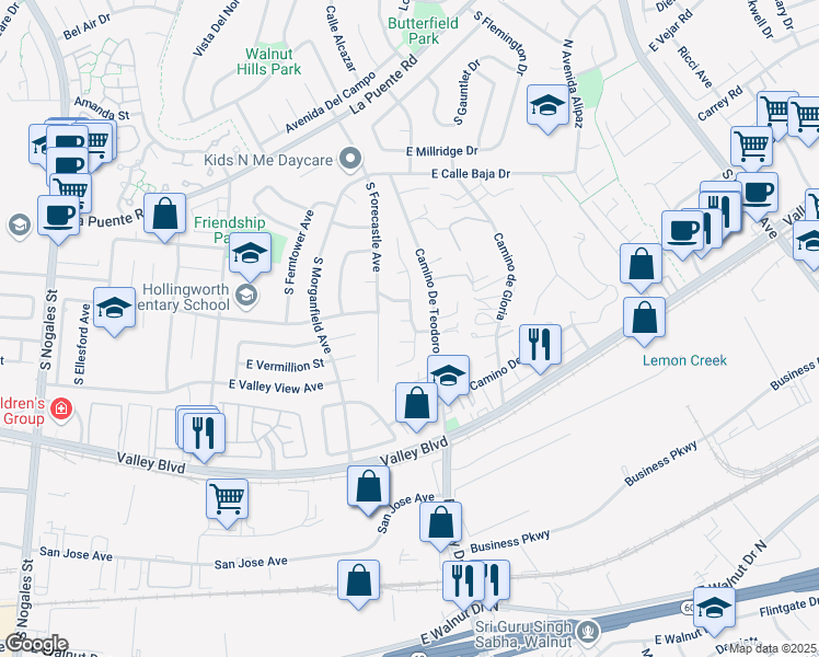 map of restaurants, bars, coffee shops, grocery stores, and more near 19614 Lencho Place in Walnut