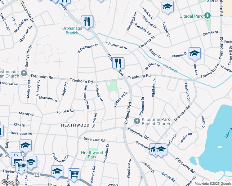 map of restaurants, bars, coffee shops, grocery stores, and more near 4001 Claremont Drive in Columbia