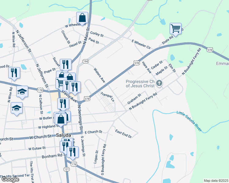 map of restaurants, bars, coffee shops, grocery stores, and more near 100 Bonham Avenue in Saluda