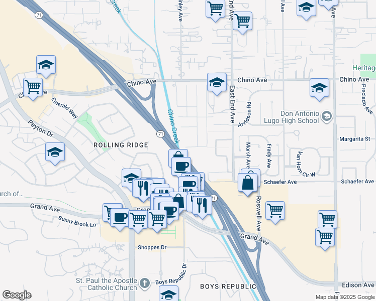 map of restaurants, bars, coffee shops, grocery stores, and more near 3527 Wagon Wheel Court in Chino