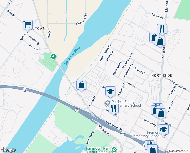 map of restaurants, bars, coffee shops, grocery stores, and more near 4547 Nicole Way in Riverside