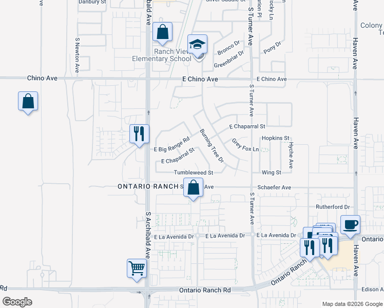 map of restaurants, bars, coffee shops, grocery stores, and more near 2836 East Chaparral Street in Ontario