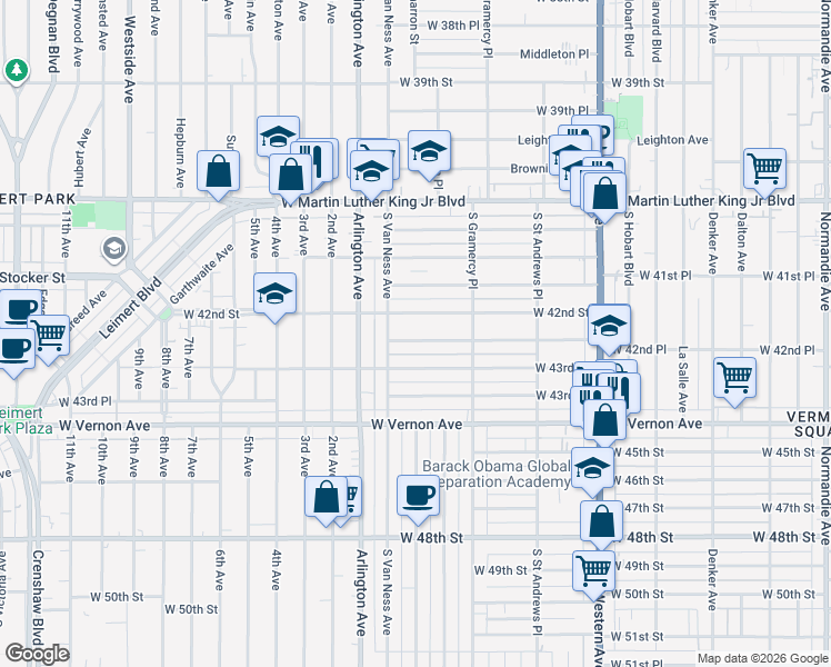 map of restaurants, bars, coffee shops, grocery stores, and more near 2015 West 42nd Place in Los Angeles