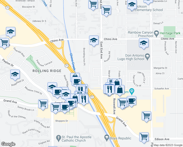 map of restaurants, bars, coffee shops, grocery stores, and more near 13560 Amanda Drive in Chino
