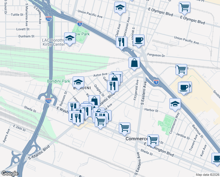 map of restaurants, bars, coffee shops, grocery stores, and more near 2206 Cowlin Avenue in Commerce