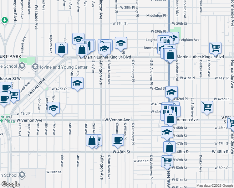 map of restaurants, bars, coffee shops, grocery stores, and more near 1947 West 42nd Place in Los Angeles