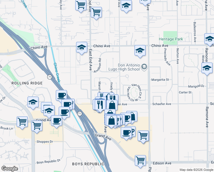 map of restaurants, bars, coffee shops, grocery stores, and more near 3801 Carlos Court in Chino