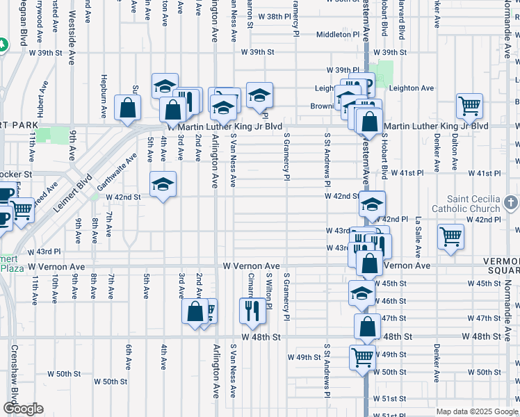 map of restaurants, bars, coffee shops, grocery stores, and more near 1947 West 42nd Place in Los Angeles