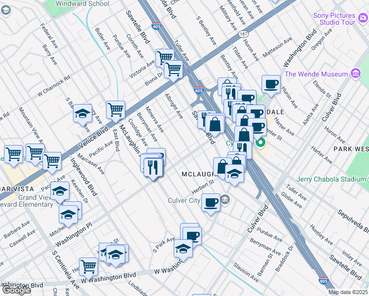 map of restaurants, bars, coffee shops, grocery stores, and more near 3981 Bledsoe Avenue in Los Angeles
