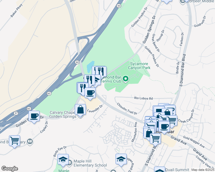 map of restaurants, bars, coffee shops, grocery stores, and more near 22765 Lakeway Drive in Diamond Bar