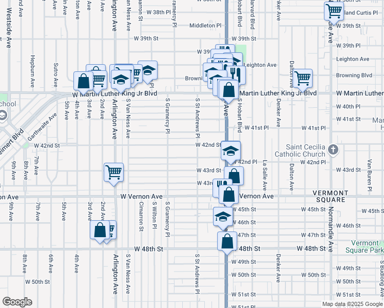 map of restaurants, bars, coffee shops, grocery stores, and more near 1811 West 42nd Place in Los Angeles
