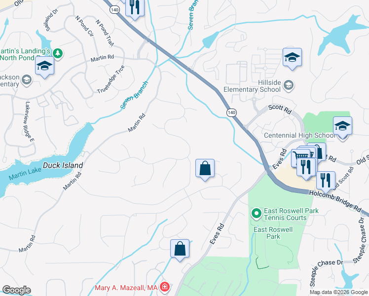 map of restaurants, bars, coffee shops, grocery stores, and more near 2060 Six Branches Drive in Roswell