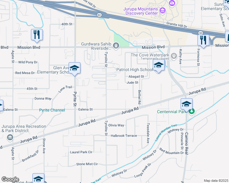 map of restaurants, bars, coffee shops, grocery stores, and more near 7946 Sherry Lane in Riverside