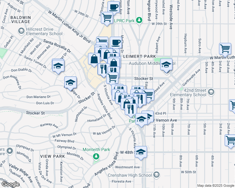 map of restaurants, bars, coffee shops, grocery stores, and more near 4252 Crenshaw Boulevard in Los Angeles